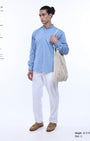 TAILORAEDGE Easy Iron Textured Mandarin Shirt In Blue