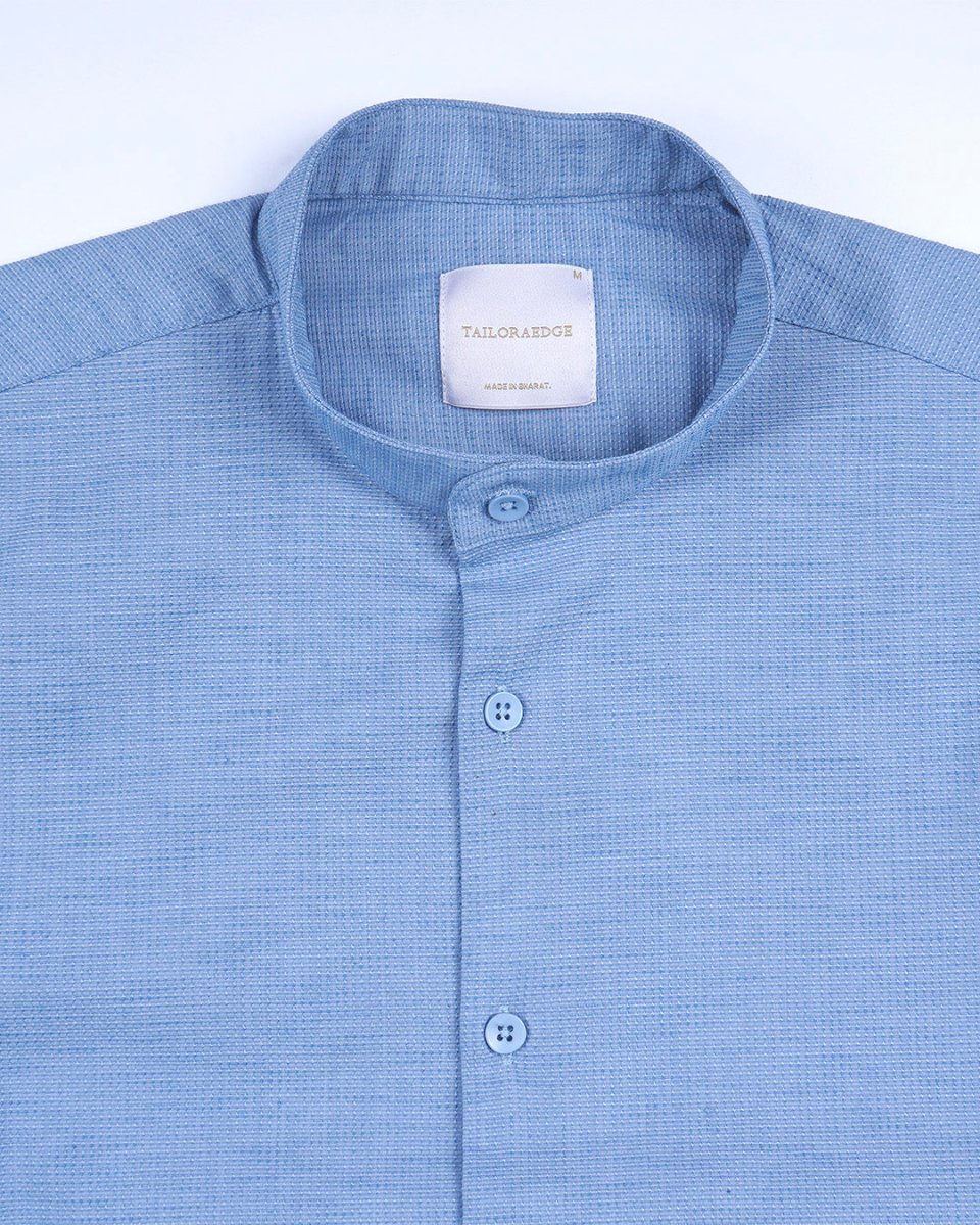 TAILORAEDGE Easy Iron Textured Mandarin Shirt In Blue