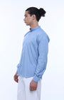 TAILORAEDGE Easy Iron Textured Mandarin Shirt In Blue