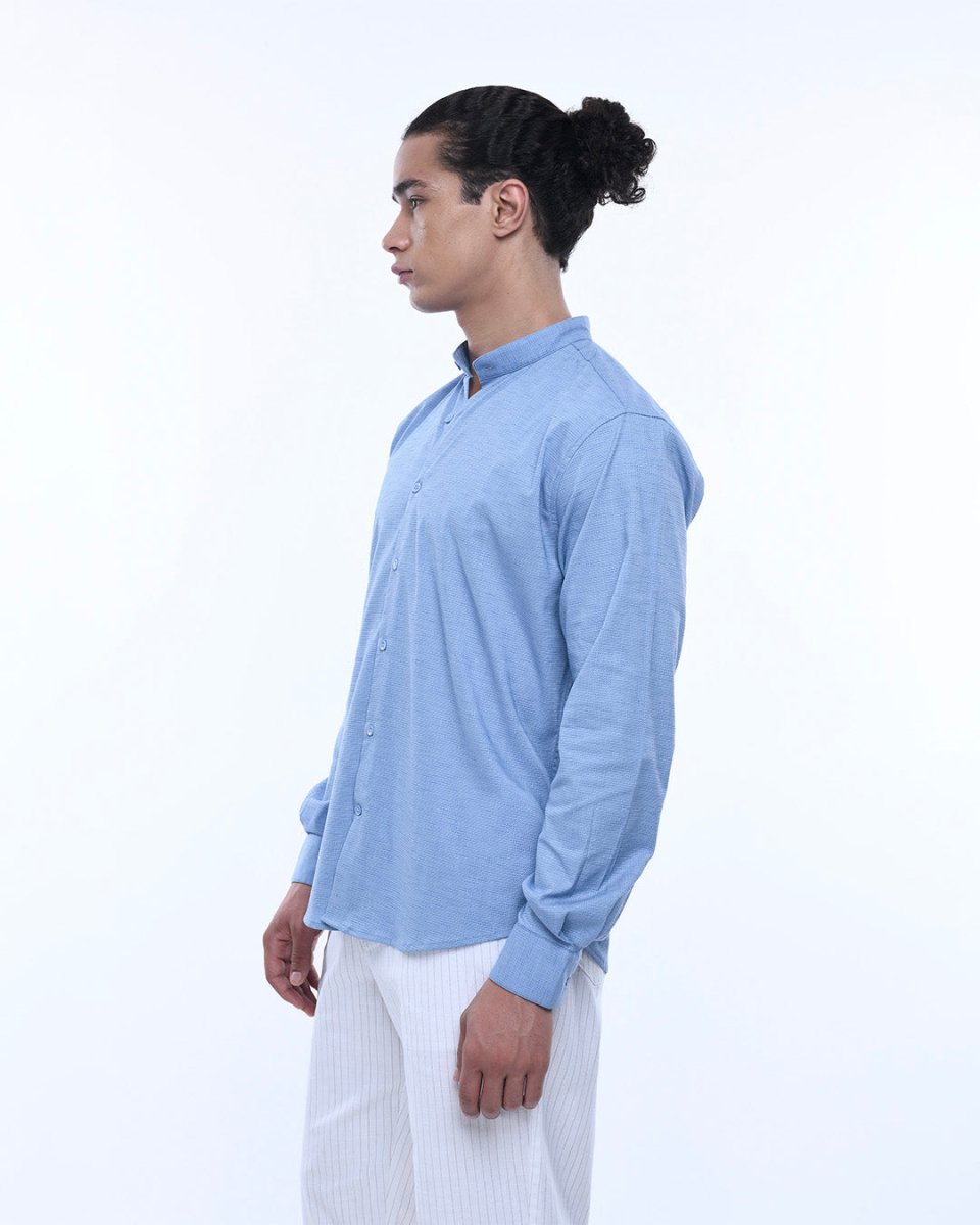 TAILORAEDGE Easy Iron Textured Mandarin Shirt In Blue