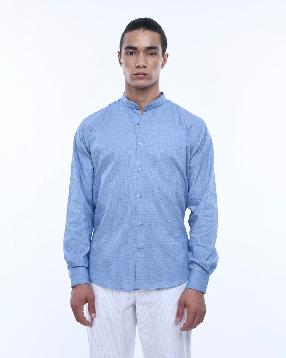 TAILORAEDGE Easy Iron Textured Mandarin Shirt In Blue