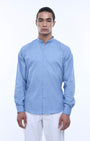 TAILORAEDGE Easy Iron Textured Mandarin Shirt In Blue
