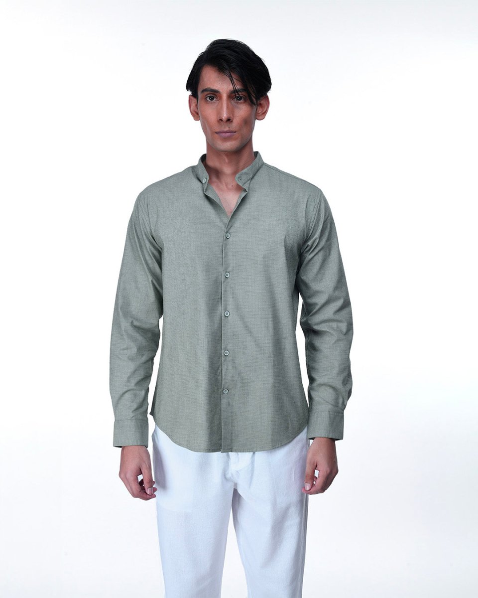 TAILORAEDGE Easy Iron Textured Mandarin Shirt In Green