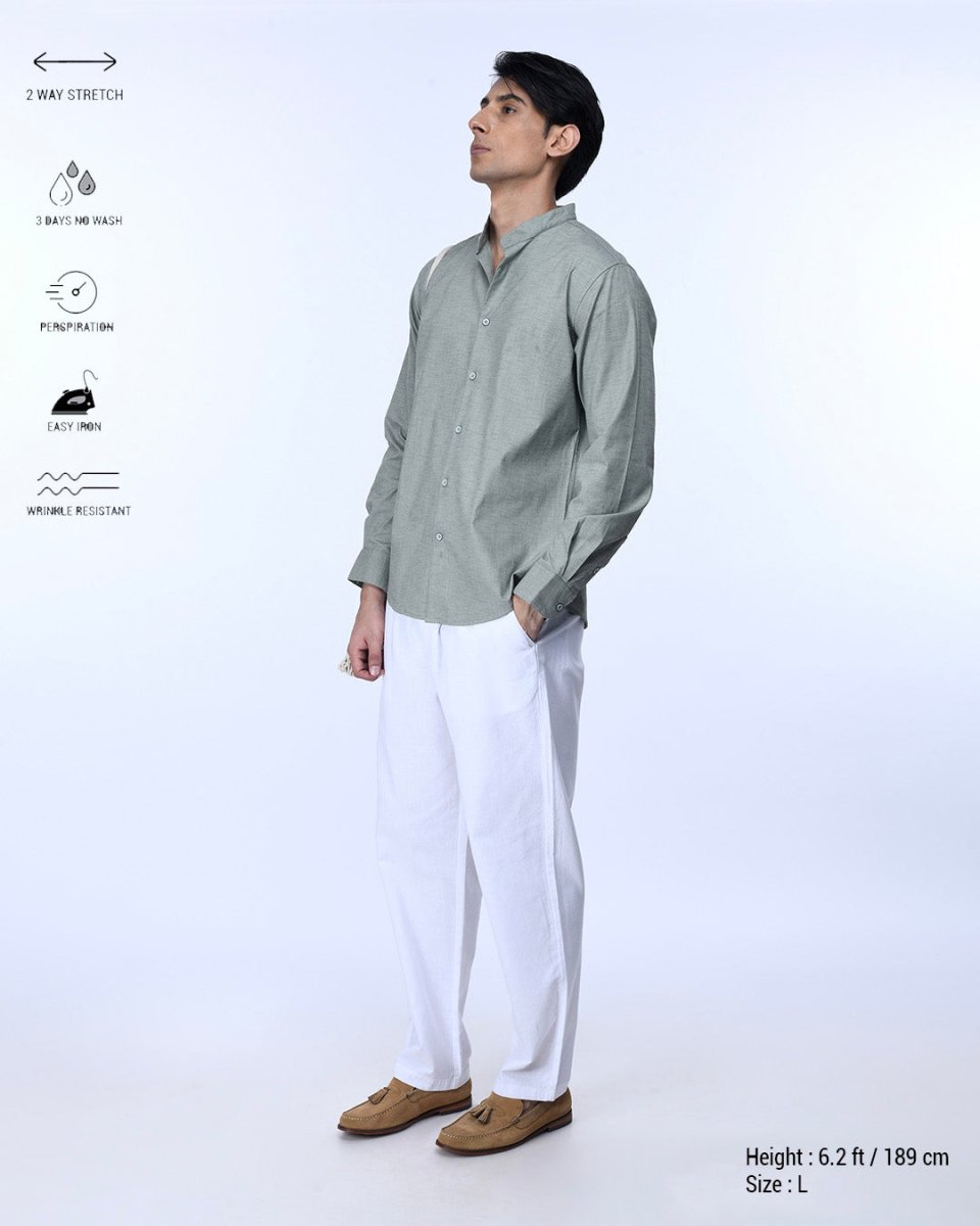 TAILORAEDGE Easy Iron Textured Mandarin Shirt In Green