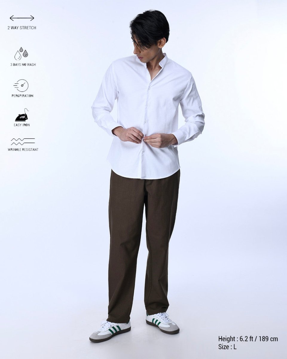 TAILORAEDGE Easy Iron Textured Mandarin Shirt In White