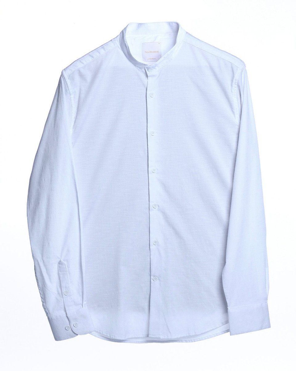 TAILORAEDGE Easy Iron Textured Mandarin Shirt In White