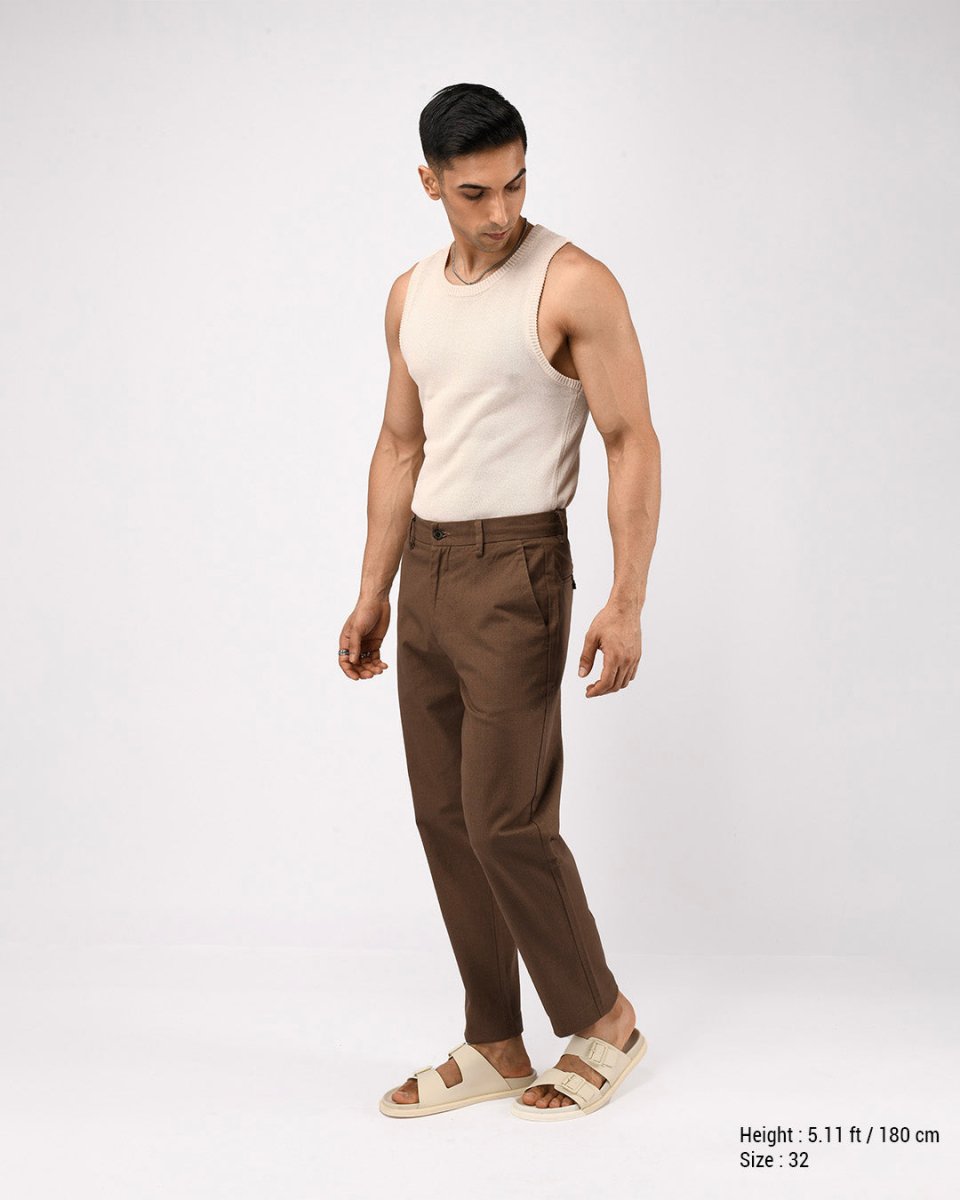 TAILORAEDGE Linen Feel Premium Cotton Chinos In Fur Brown