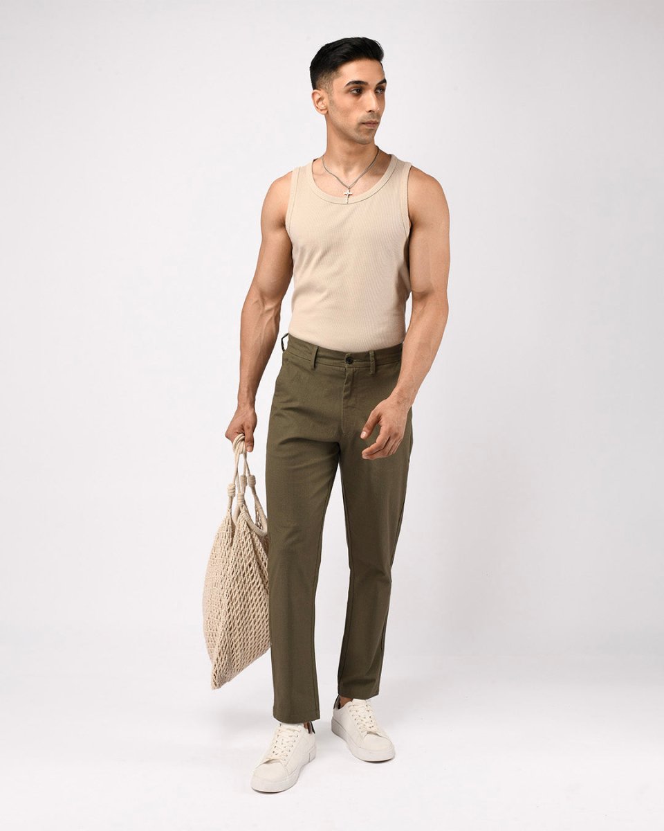 TAILORAEDGE Linen Feel Premium Cotton Chinos In Pine Olive