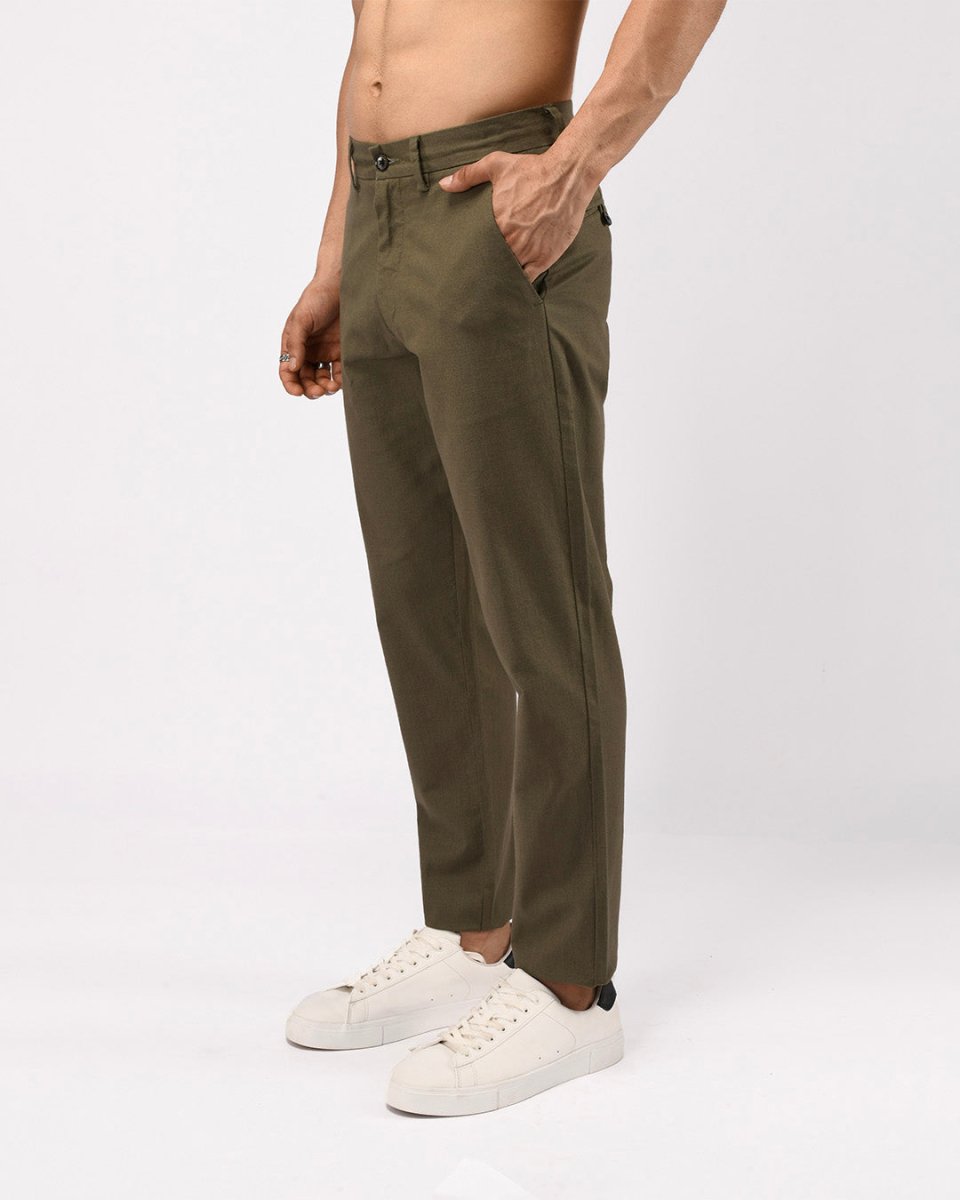 TAILORAEDGE Linen Feel Premium Cotton Chinos In Pine Olive