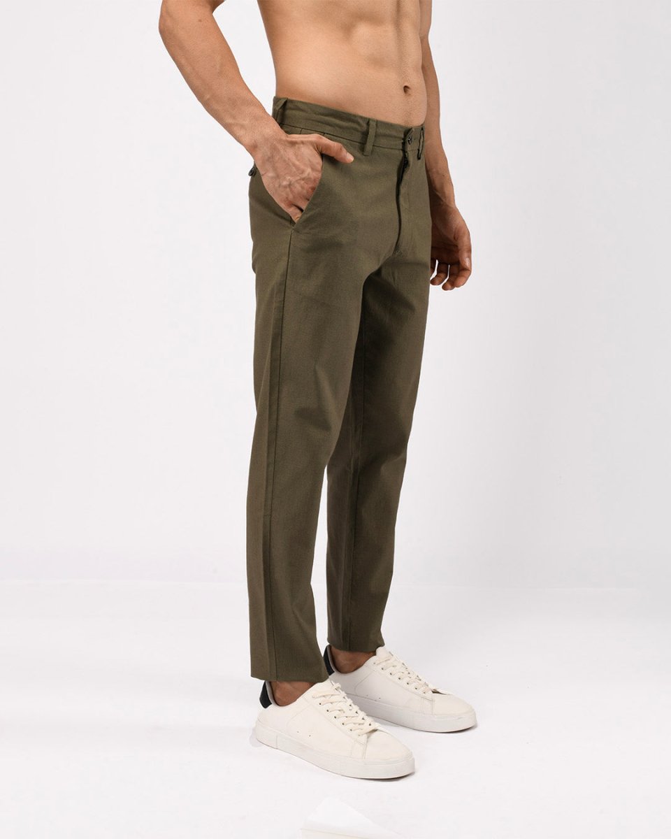 TAILORAEDGE Linen Feel Premium Cotton Chinos In Pine Olive