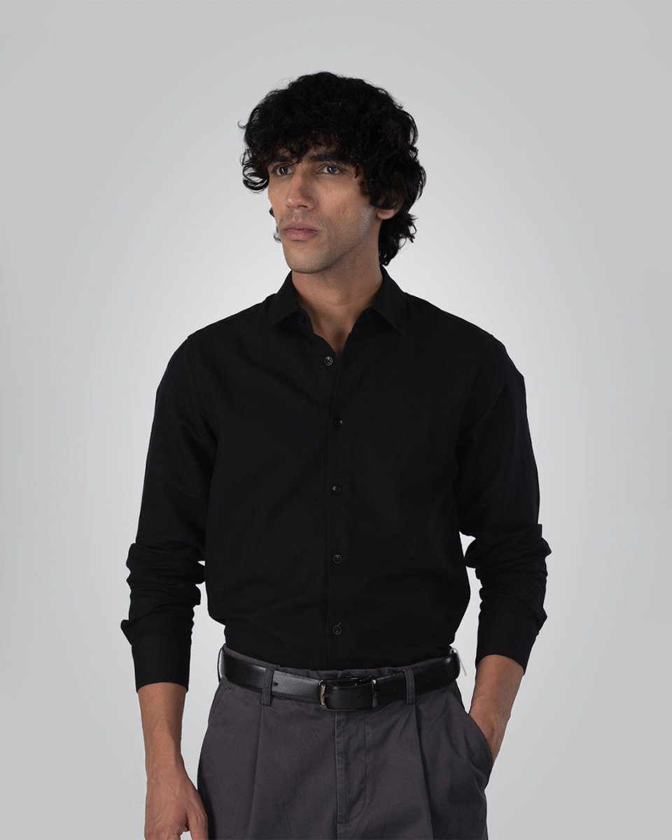 TAILORAEDGE Premium Linen Griege Shirt In Black