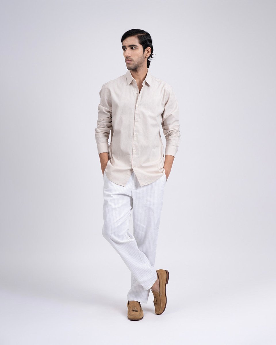 TAILORAEDGE Premium Linen Griege Shirt In Cream