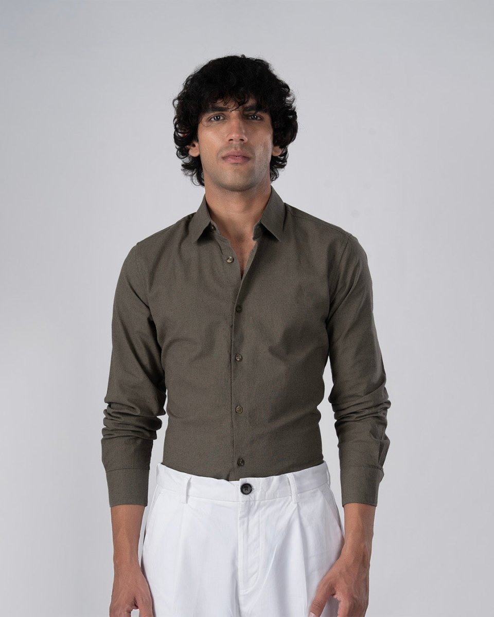 TAILORAEDGE Premium Linen Griege Shirt In Olive