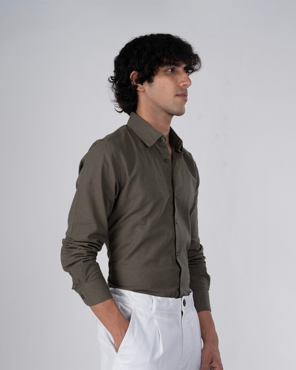 TAILORAEDGE Premium Linen Griege Shirt In Olive