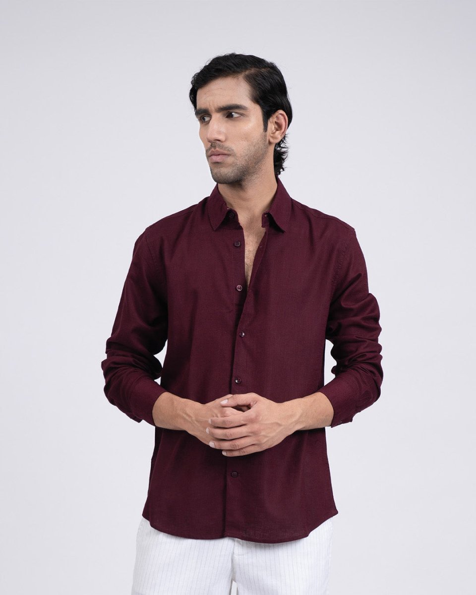 TAILORAEDGE Premium Lyocell Linen Shirt In Maroon