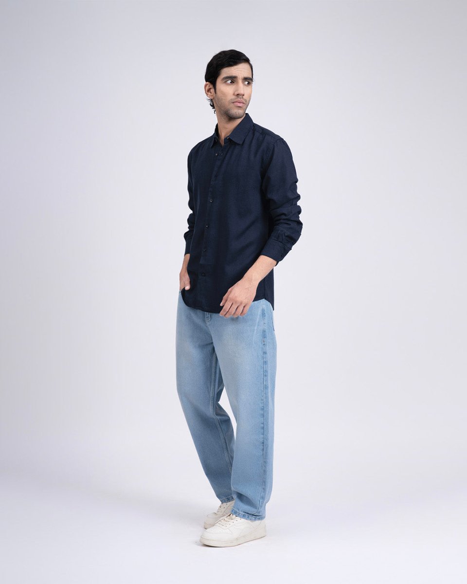 TAILORAEDGE Premium Lyocell Linen Shirt In Navy
