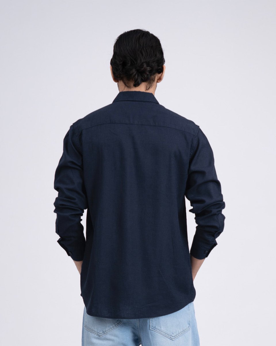 TAILORAEDGE Premium Lyocell Linen Shirt In Navy