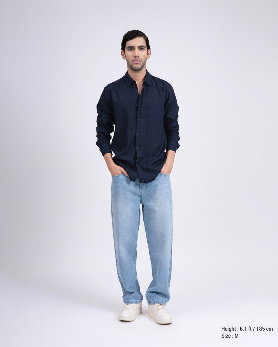 TAILORAEDGE Premium Lyocell Linen Shirt In Navy