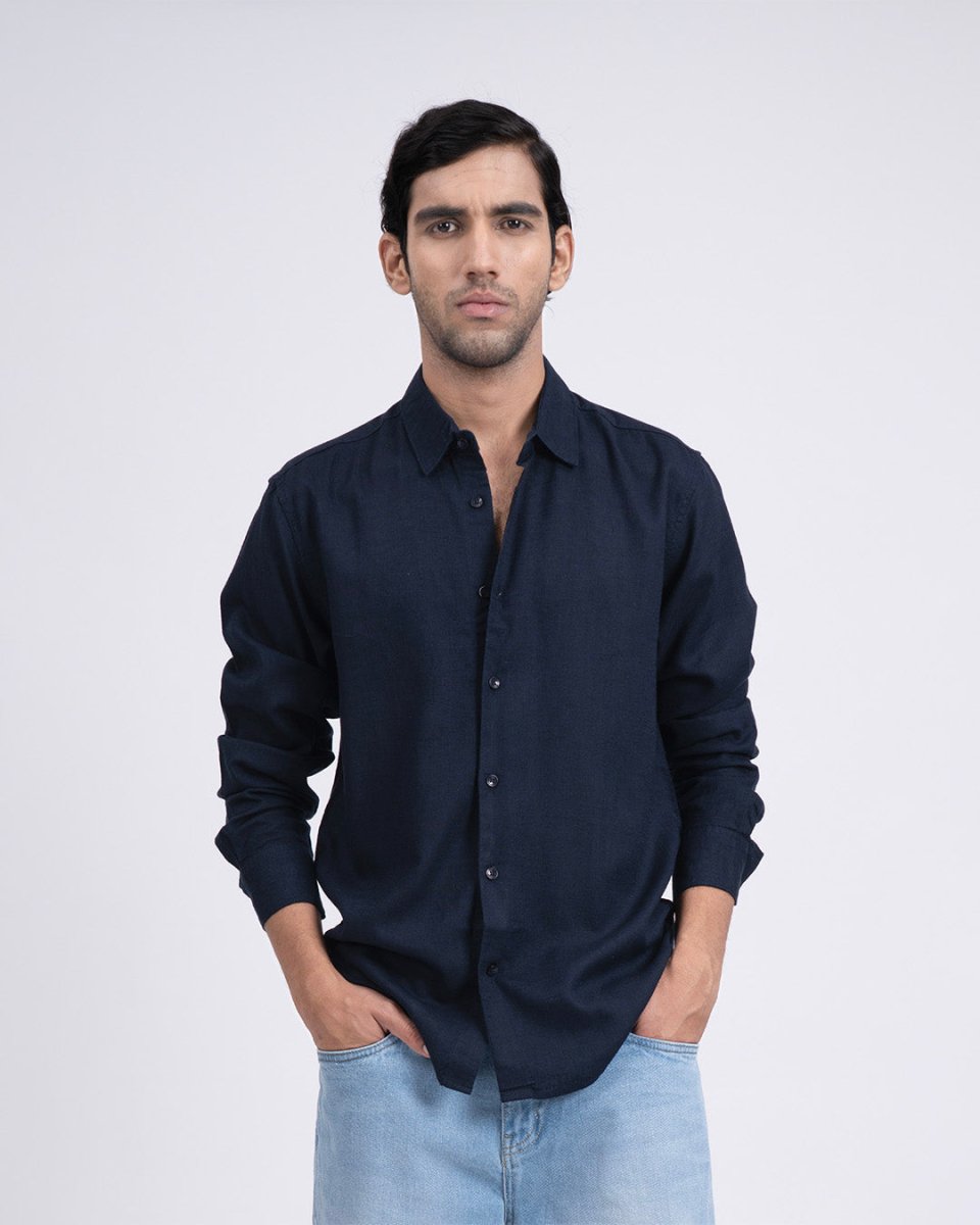 TAILORAEDGE Premium Lyocell Linen Shirt In Navy