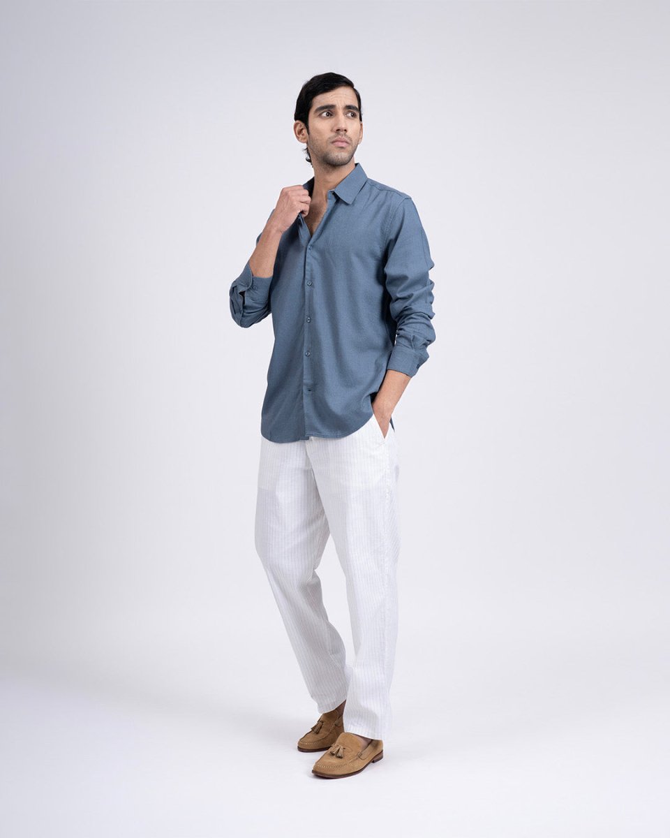TAILORAEDGE Premium Lyocell Linen Shirt In Ocean Blue