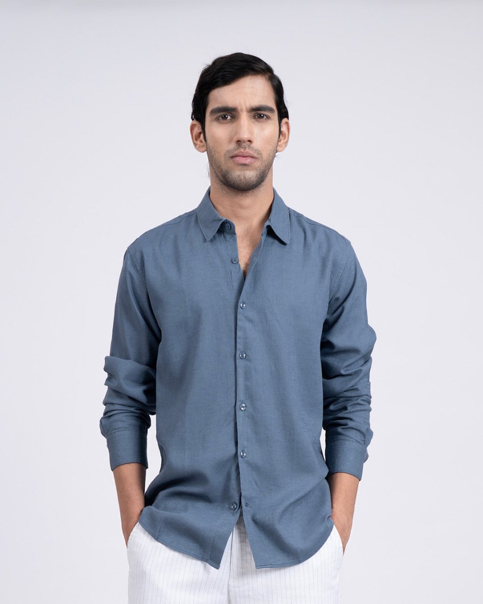 TAILORAEDGE Premium Lyocell Linen Shirt In Ocean Blue