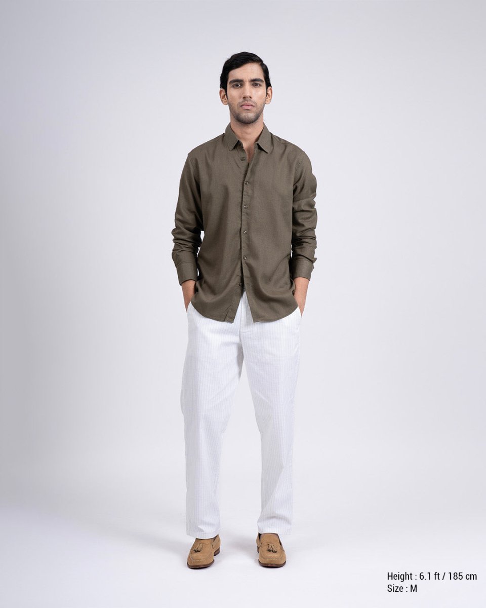 TAILORAEDGE Premium Lyocell Linen Shirt In Olive