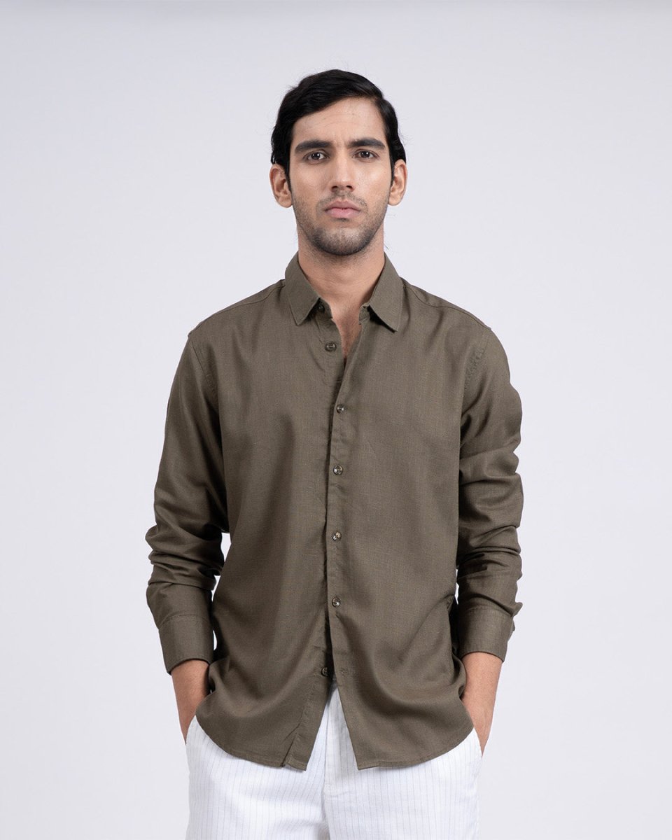 TAILORAEDGE Premium Lyocell Linen Shirt In Olive