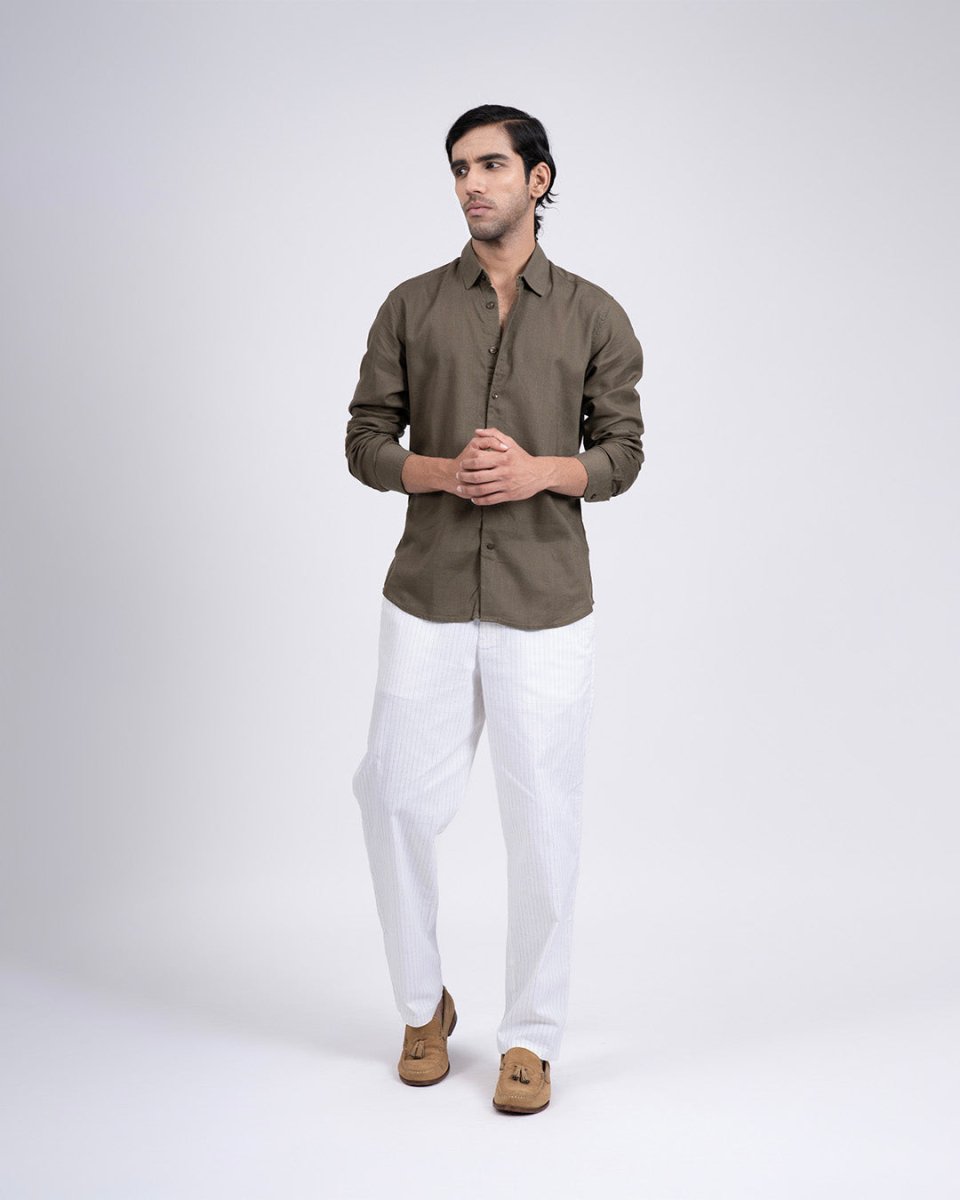 TAILORAEDGE Premium Lyocell Linen Shirt In Olive