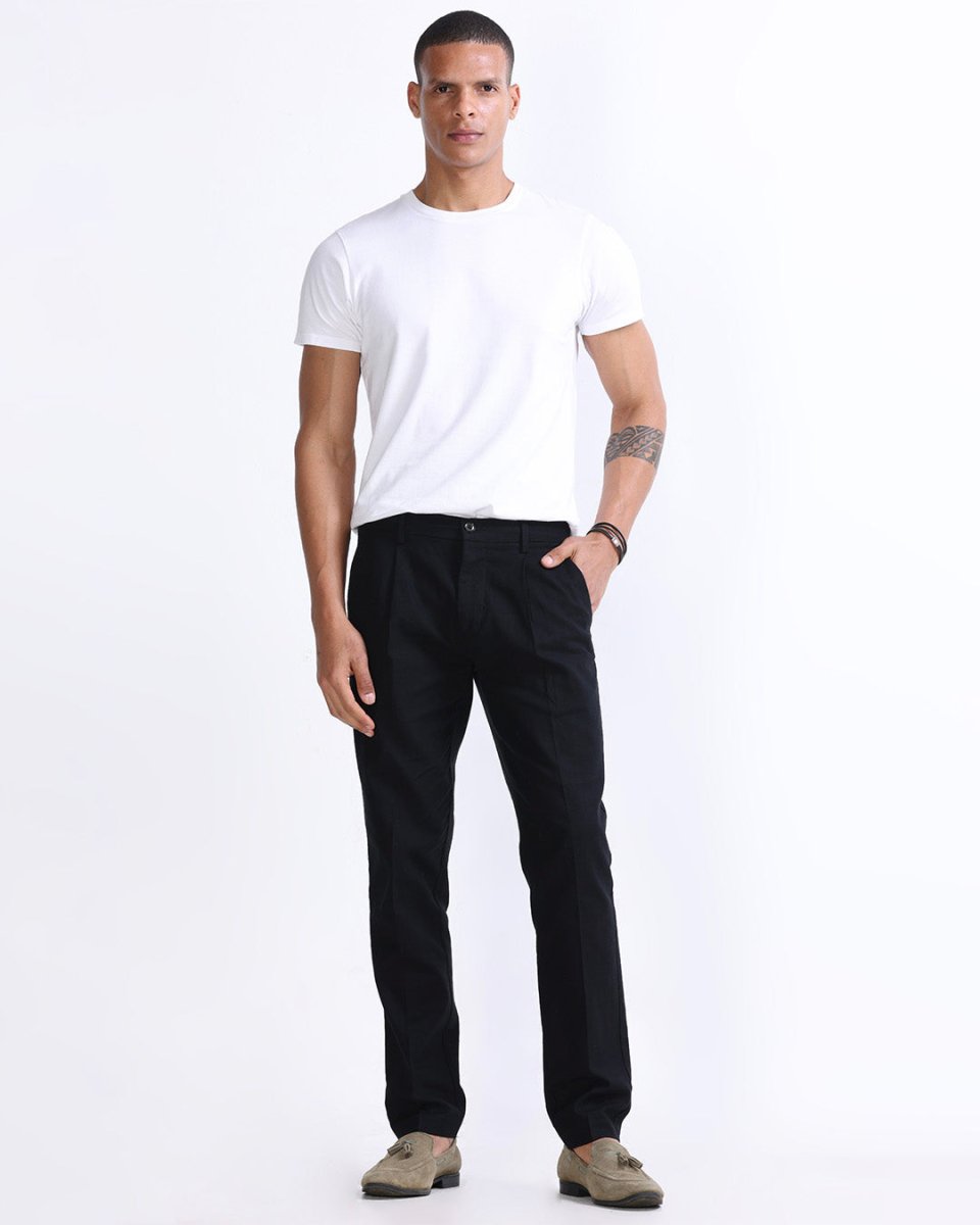 TAILORAEDGE Raw Slub Pleated Trouser In Black