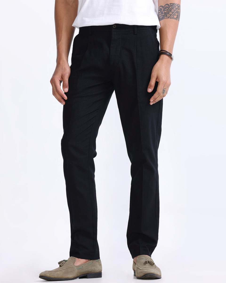 TAILORAEDGE Raw Slub Pleated Trouser In Black