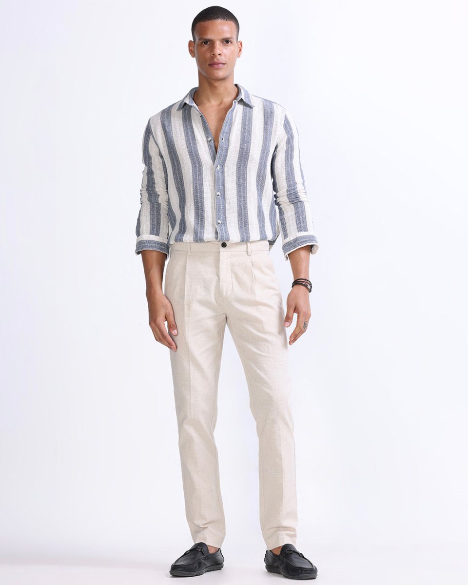 TAILORAEDGE Raw Slub Pleated Trouser In Cream