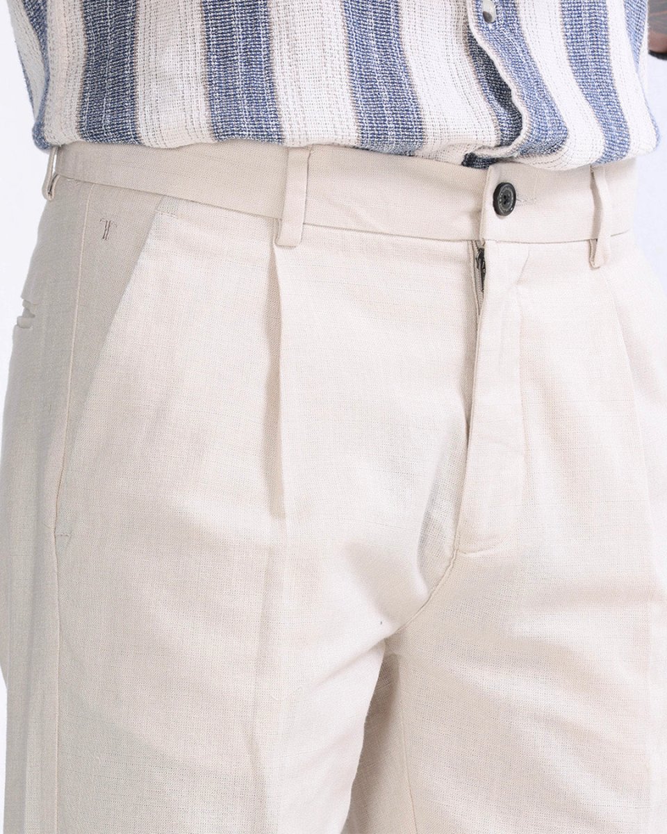 TAILORAEDGE Raw Slub Pleated Trouser In Cream