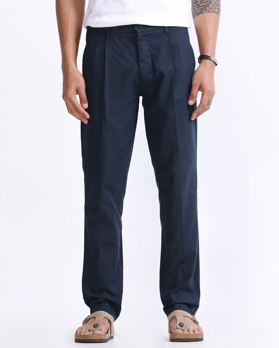 TAILORAEDGE Raw Slub Pleated Trouser In Navy