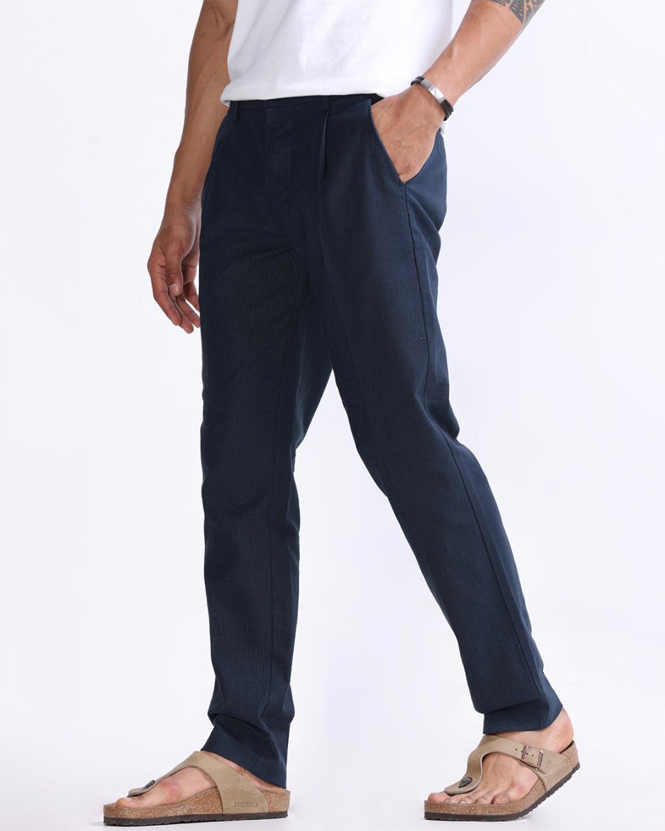 TAILORAEDGE Raw Slub Pleated Trouser In Navy