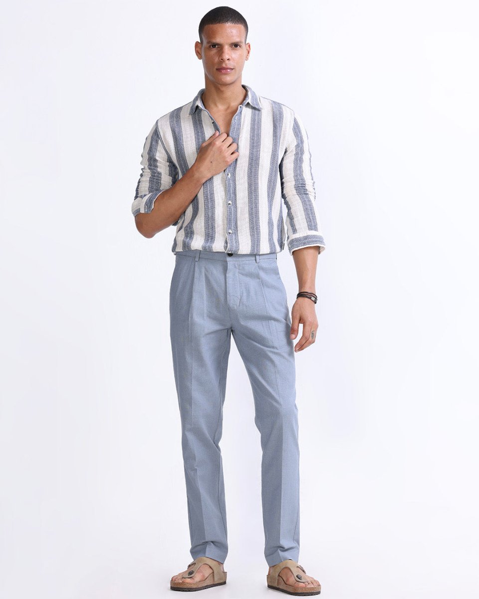 TAILORAEDGE Raw Slub Pleated Trouser In Ocean Blue