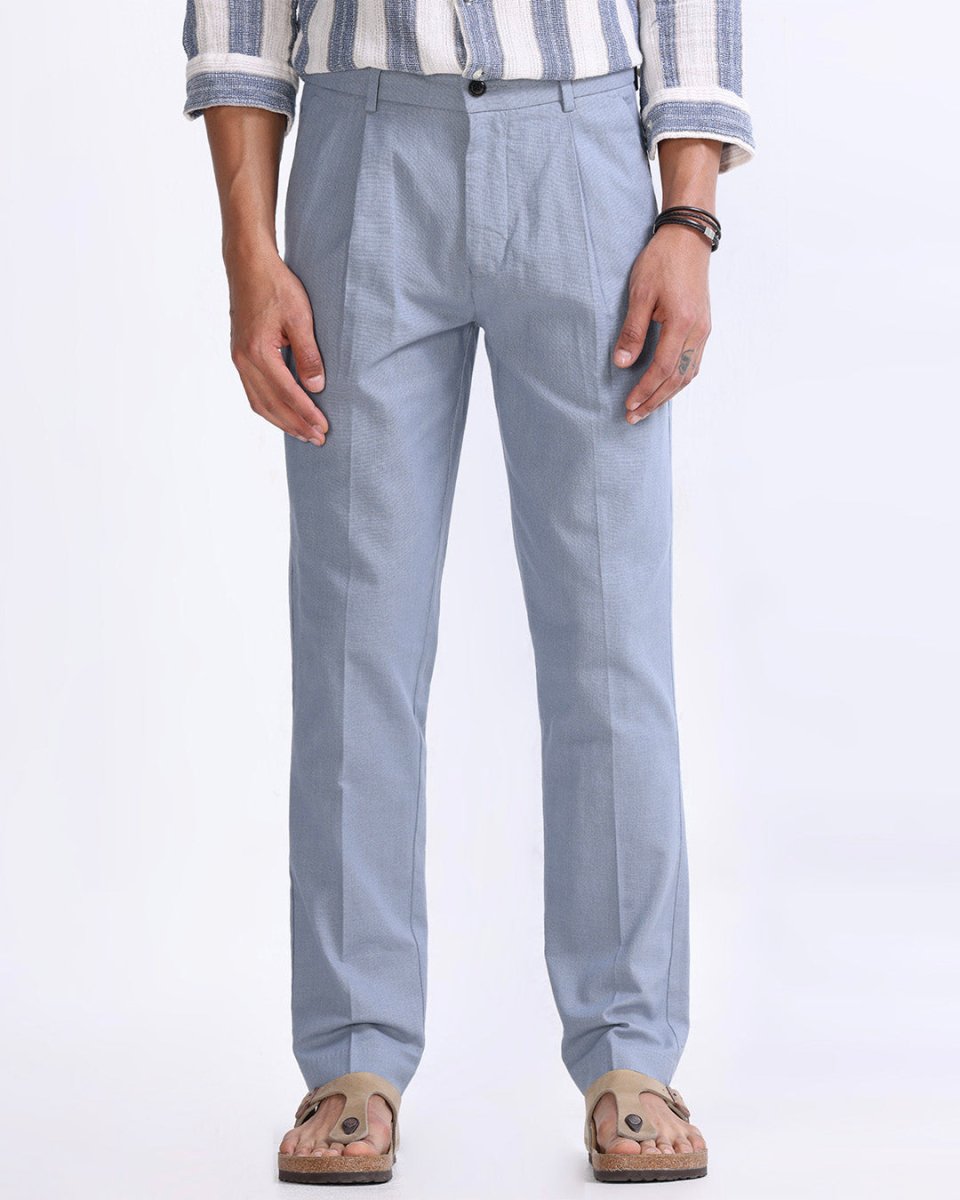 TAILORAEDGE Raw Slub Pleated Trouser In Ocean Blue