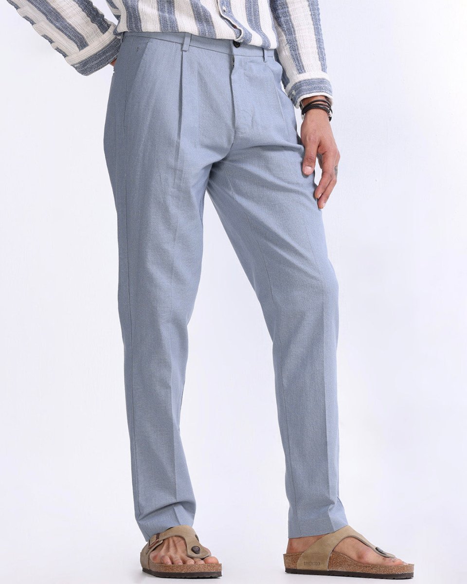 TAILORAEDGE Raw Slub Pleated Trouser In Ocean Blue