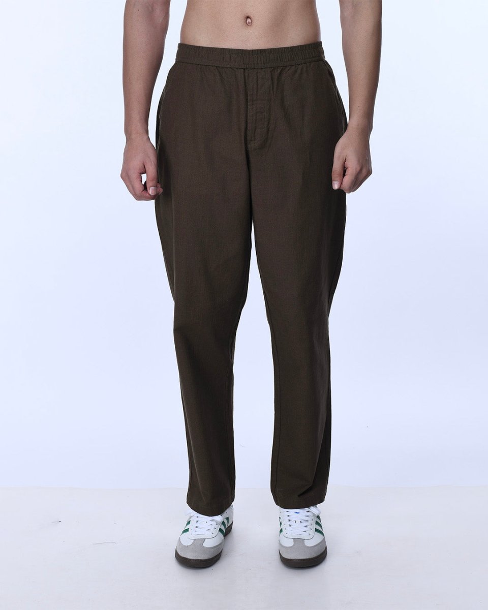 TAILORAEDGE Raw Slub Relaxed Flexiwaist Pants In Brown