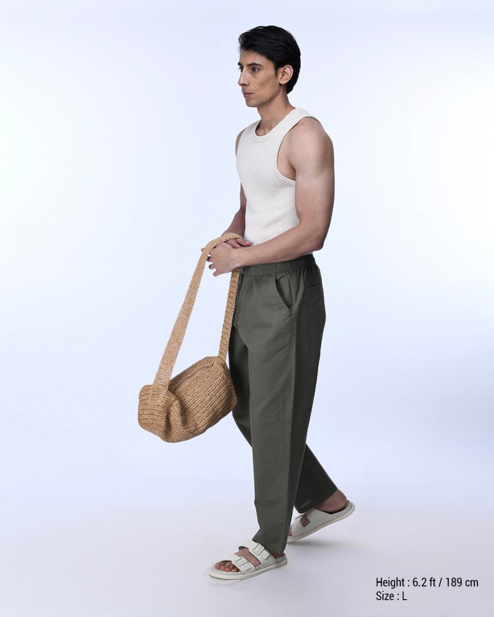 TAILORAEDGE Raw Slub Relaxed Flexiwaist Pants In Green