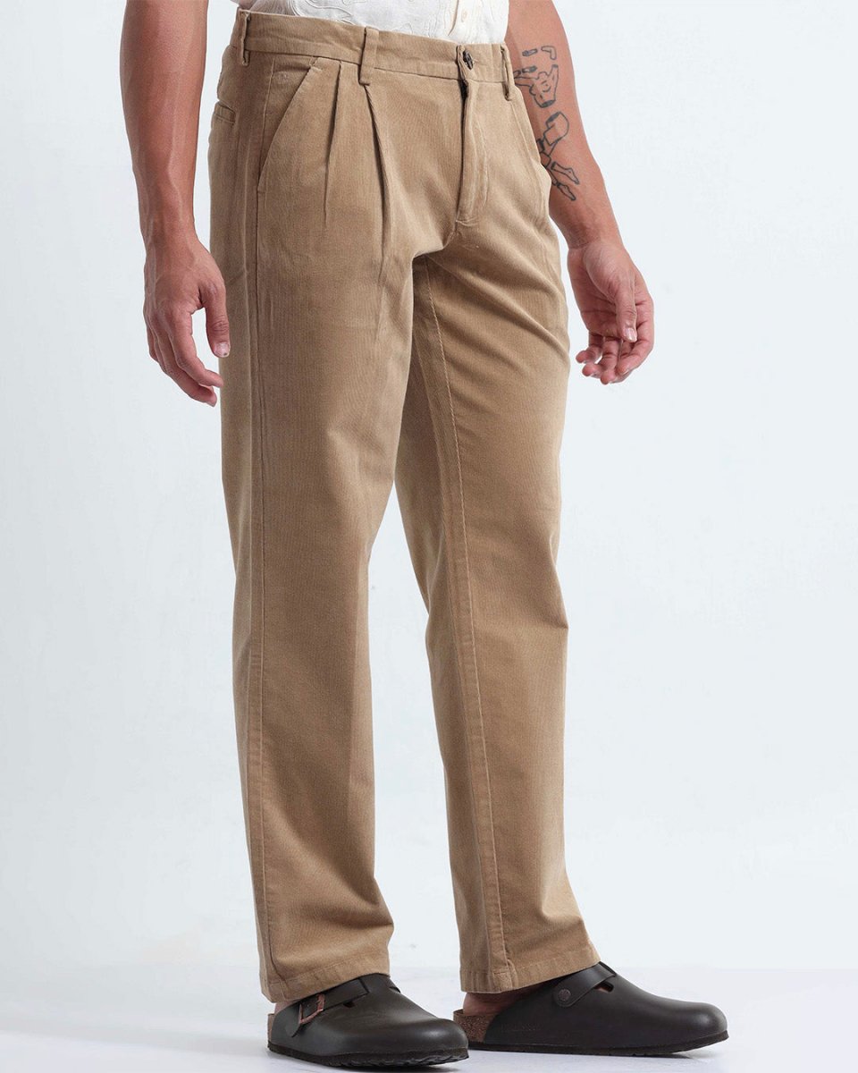 TAILORAEDGE Relaxed Pleated Corduroy Pants In Beige