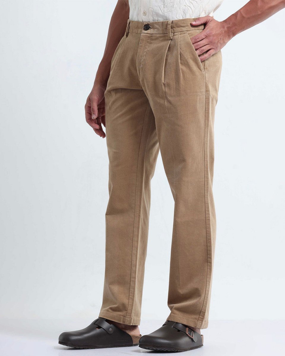 TAILORAEDGE Relaxed Pleated Corduroy Pants In Beige