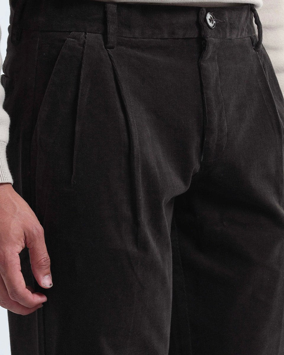 TAILORAEDGE Relaxed Pleated Corduroy Pants In Dark Olive