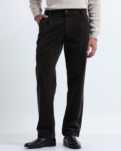 Relaxed Pleated Corduroy Pants In Dark Olive