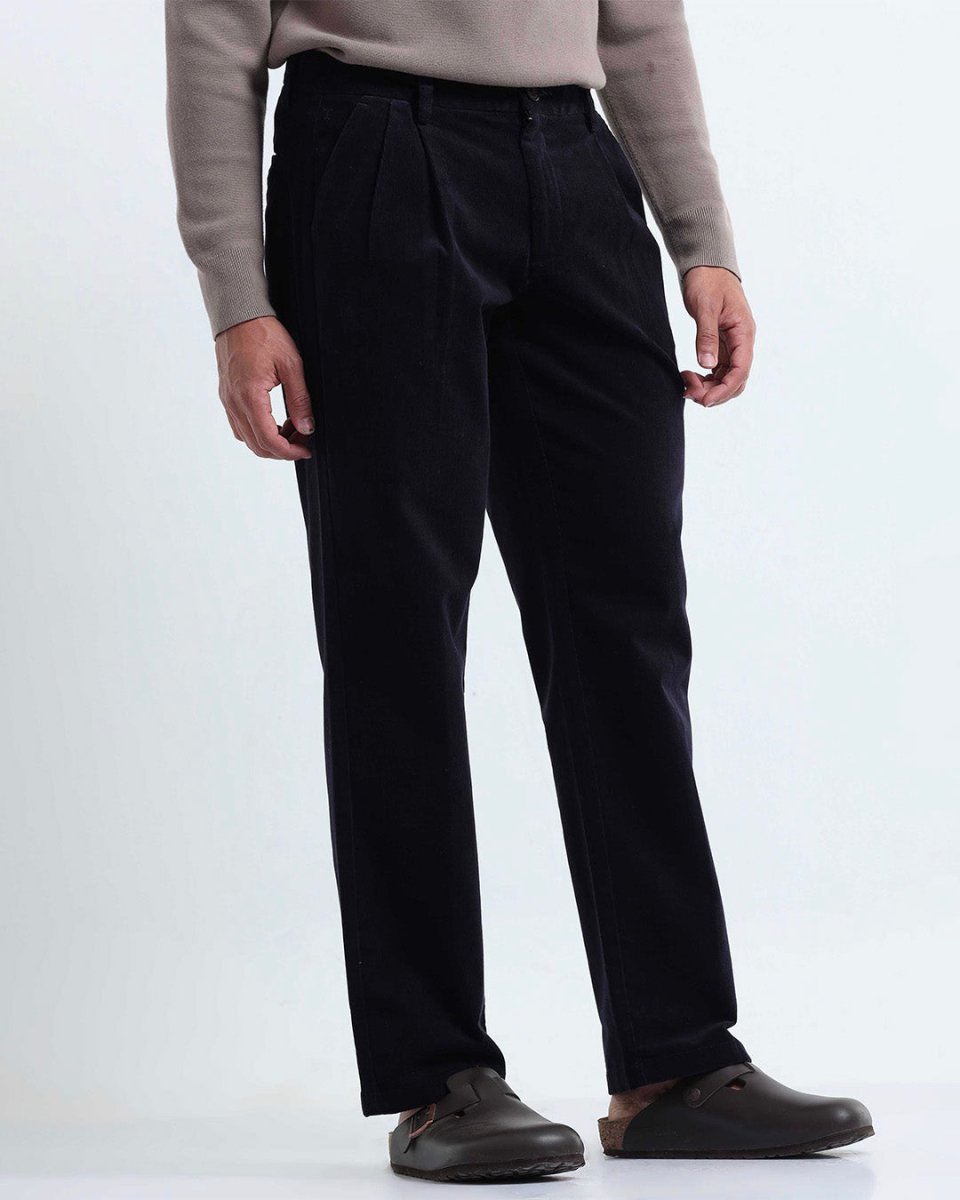 TAILORAEDGE Relaxed Pleated Corduroy Pants In Navy