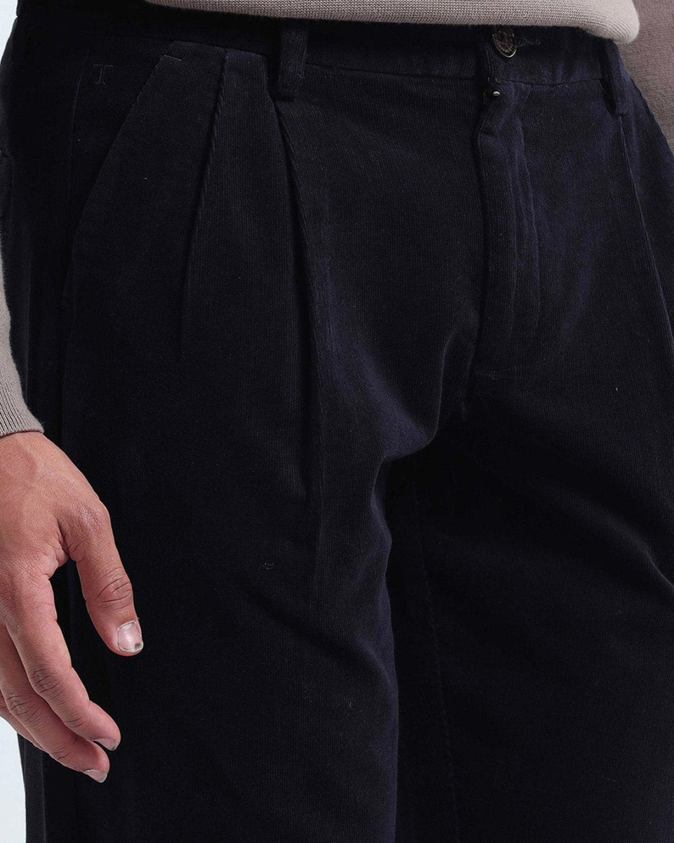 TAILORAEDGE Relaxed Pleated Corduroy Pants In Navy