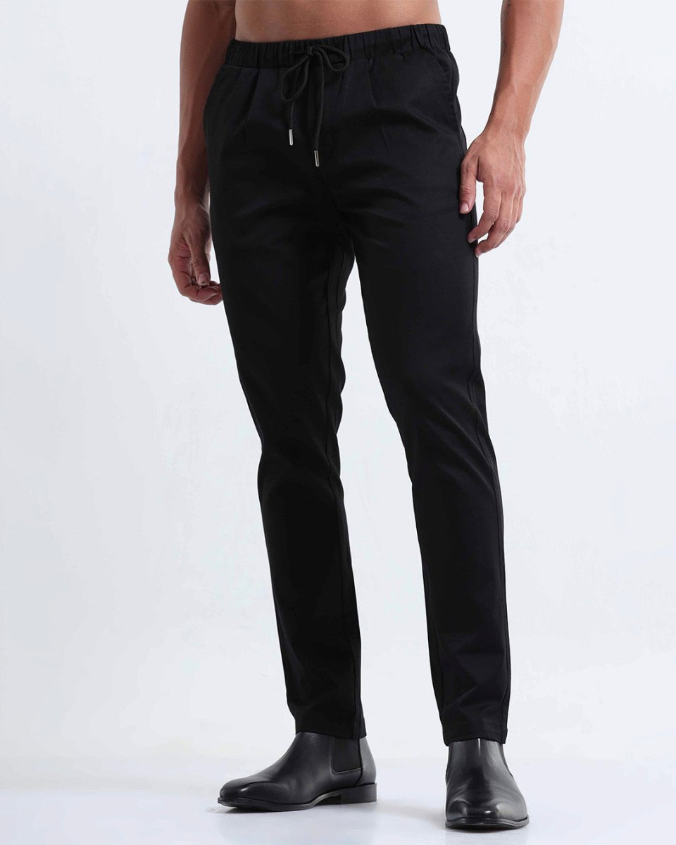 TAILORAEDGE Rich Cotton Flexi Waist Pant In Black