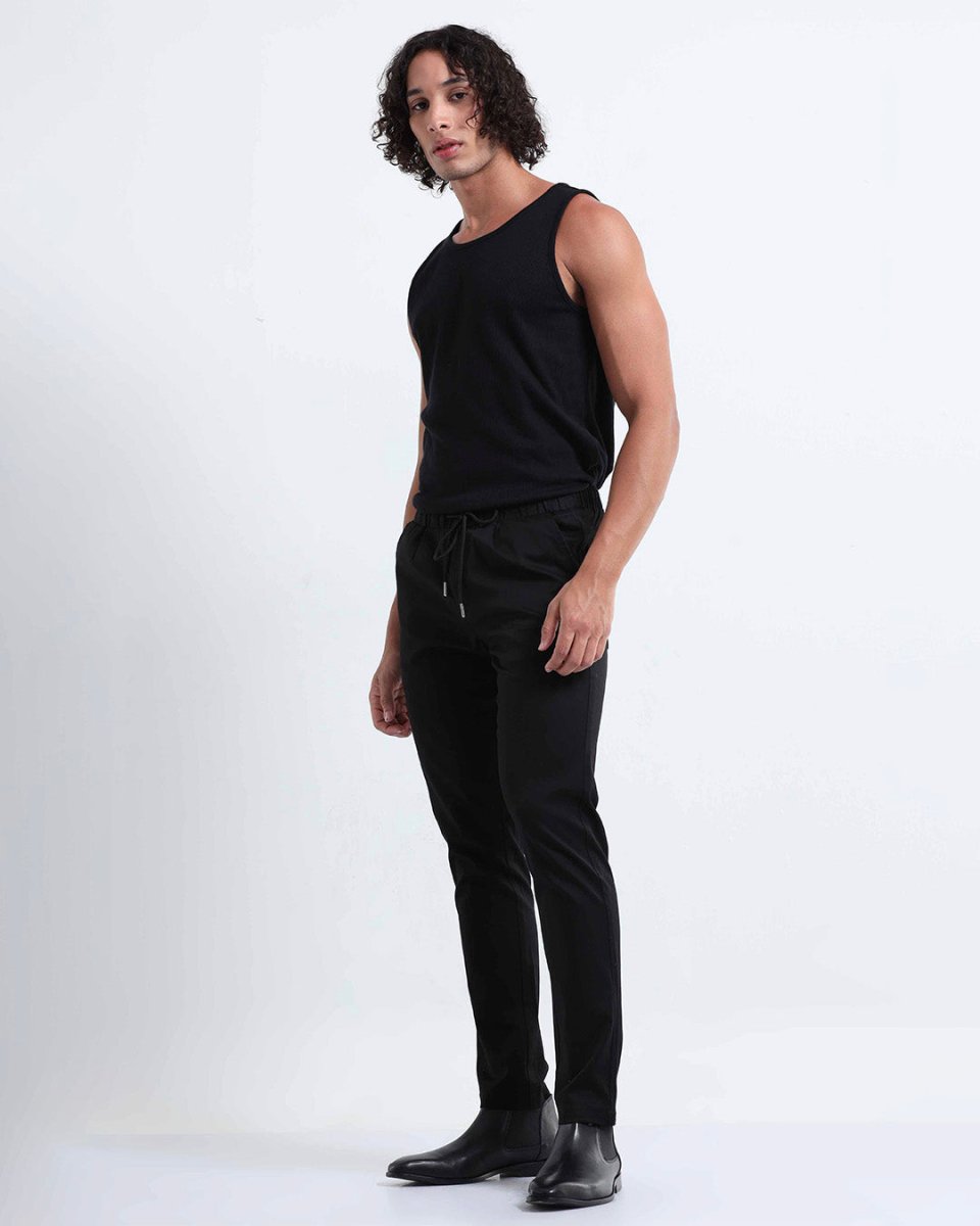 TAILORAEDGE Rich Cotton Flexi Waist Pant In Black