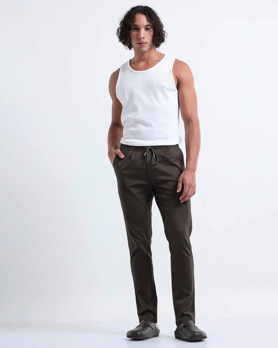 TAILORAEDGE Rich Cotton Flexi Waist Pant In DarkOlive