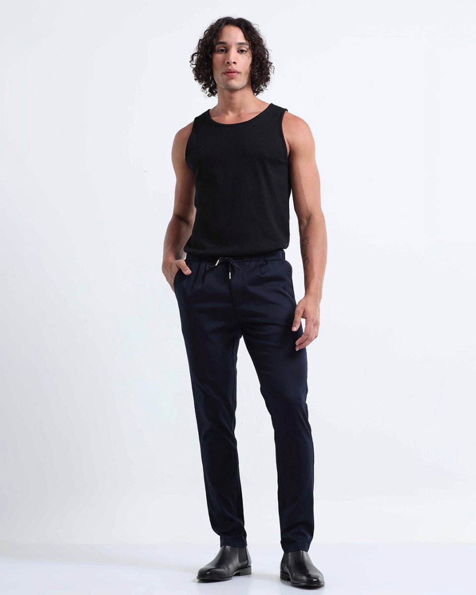 TAILORAEDGE Rich Cotton Flexi Waist Pant In Navy
