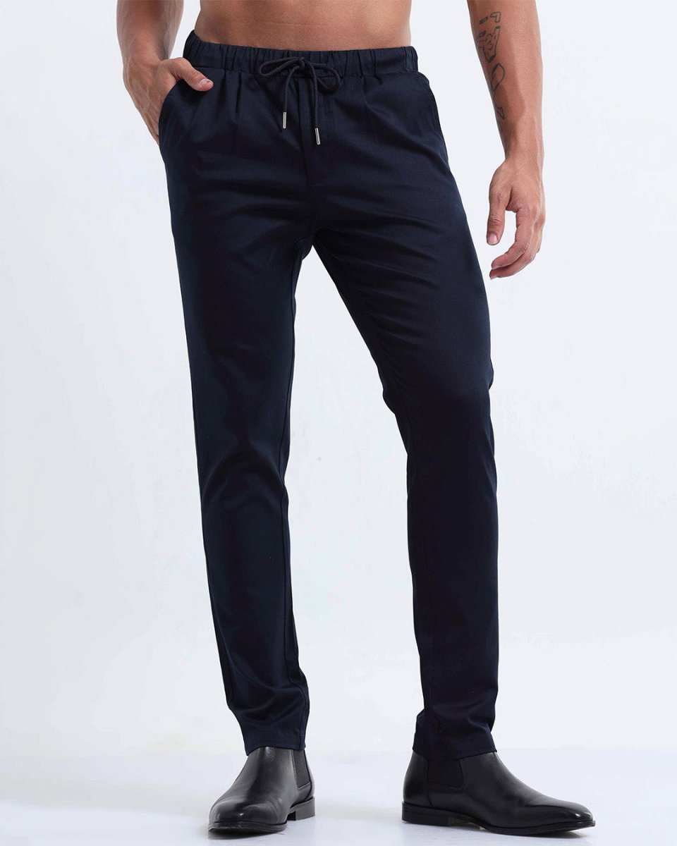 TAILORAEDGE Rich Cotton Flexi Waist Pant In Navy